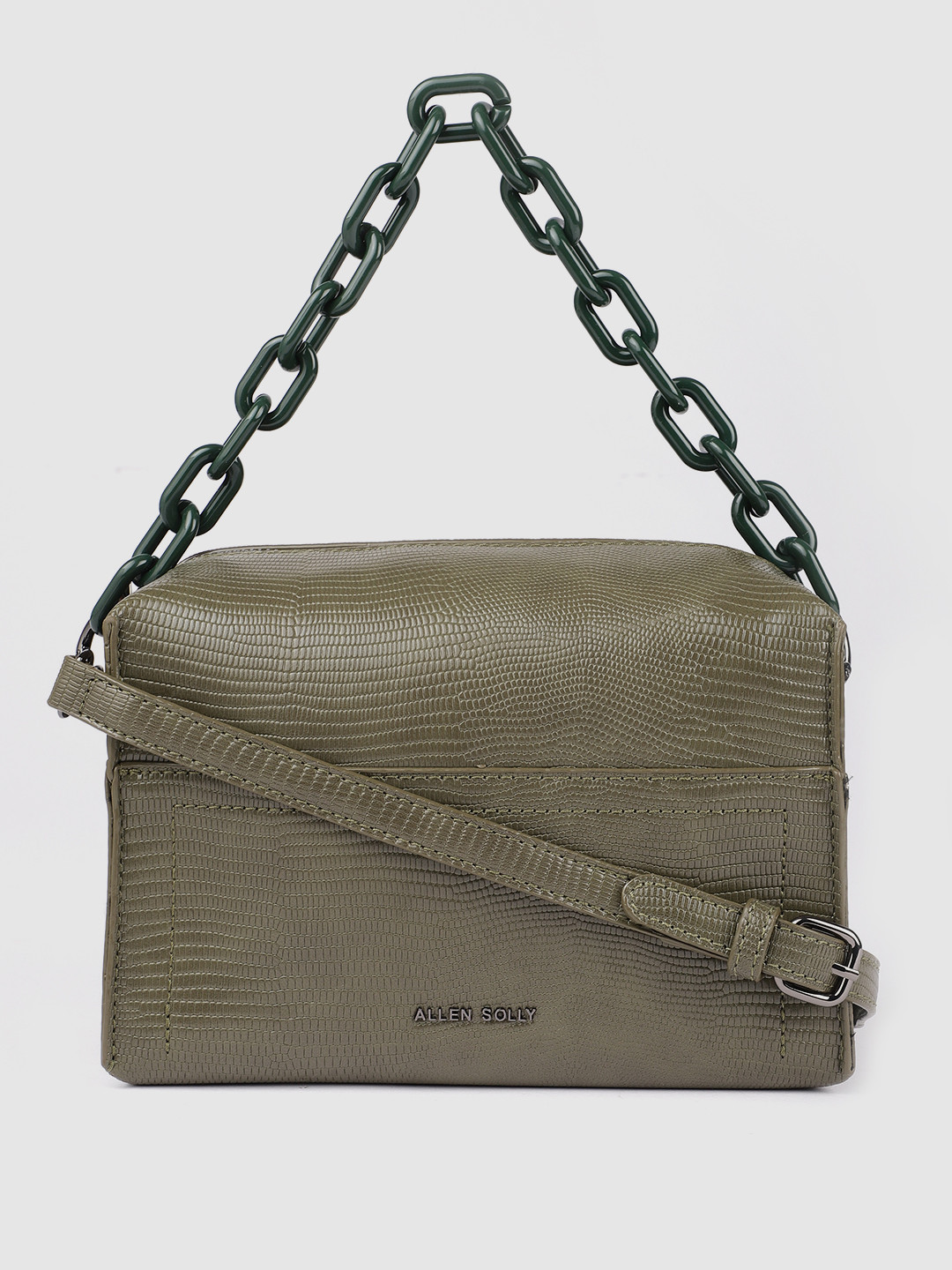 

Allen Solly Olive Green Textured PU Structured Sling Bag