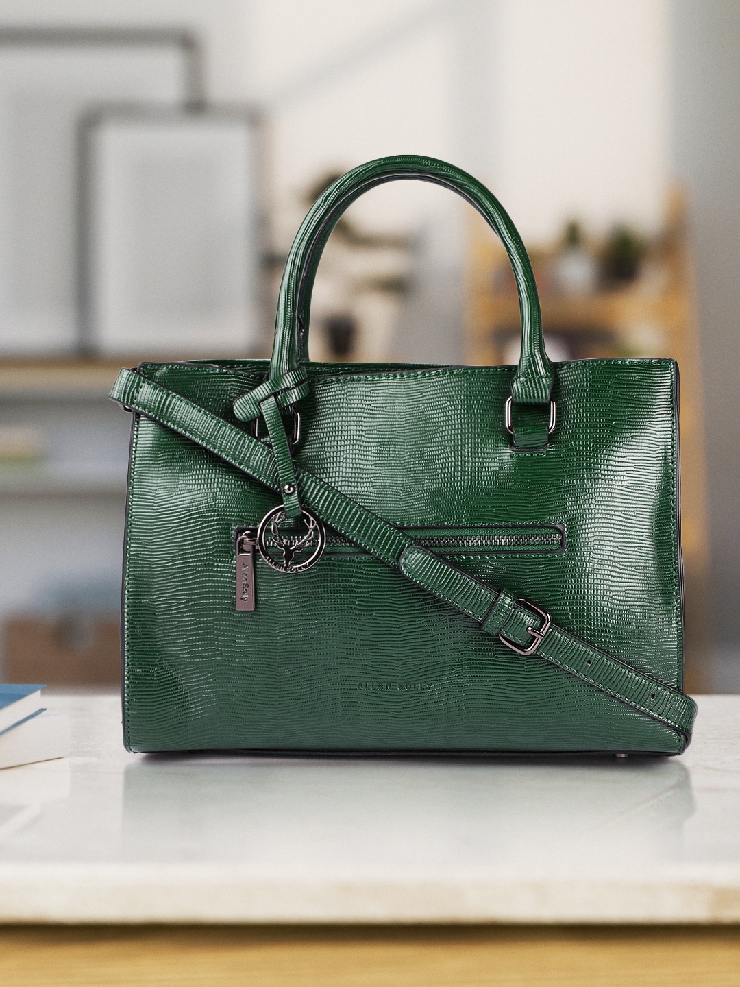 

Allen Solly Green Textured PU Structured Handheld Bag