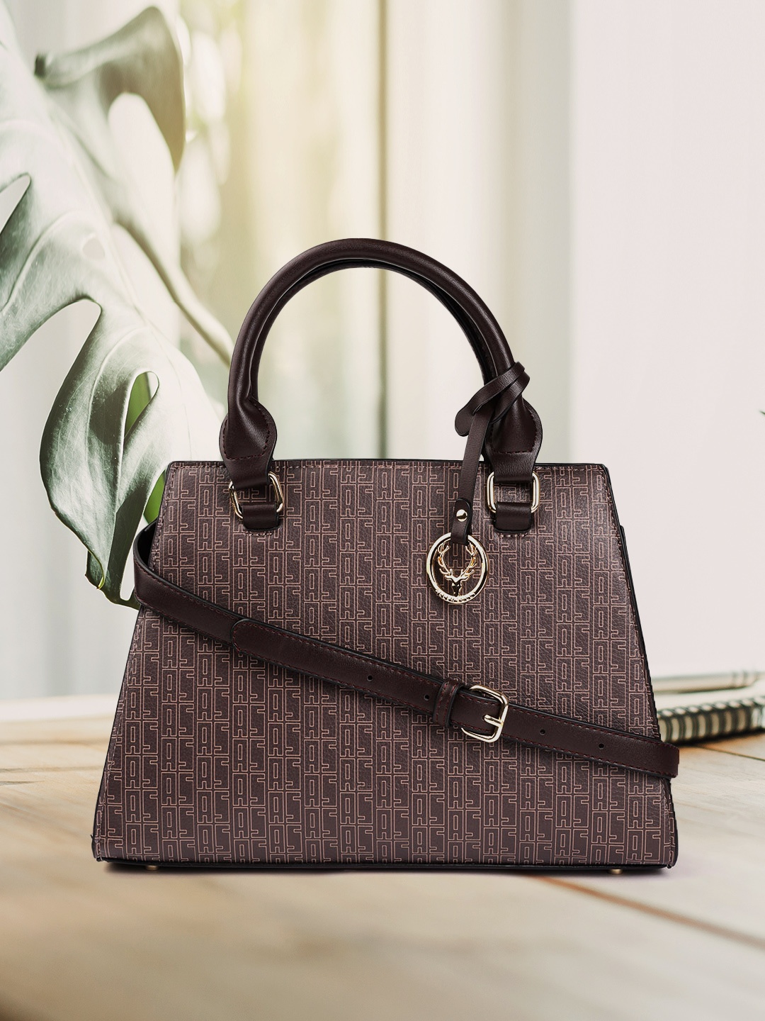 Allen Solly Coffee Brown Brand Name Initial Print Structured Handheld Bag