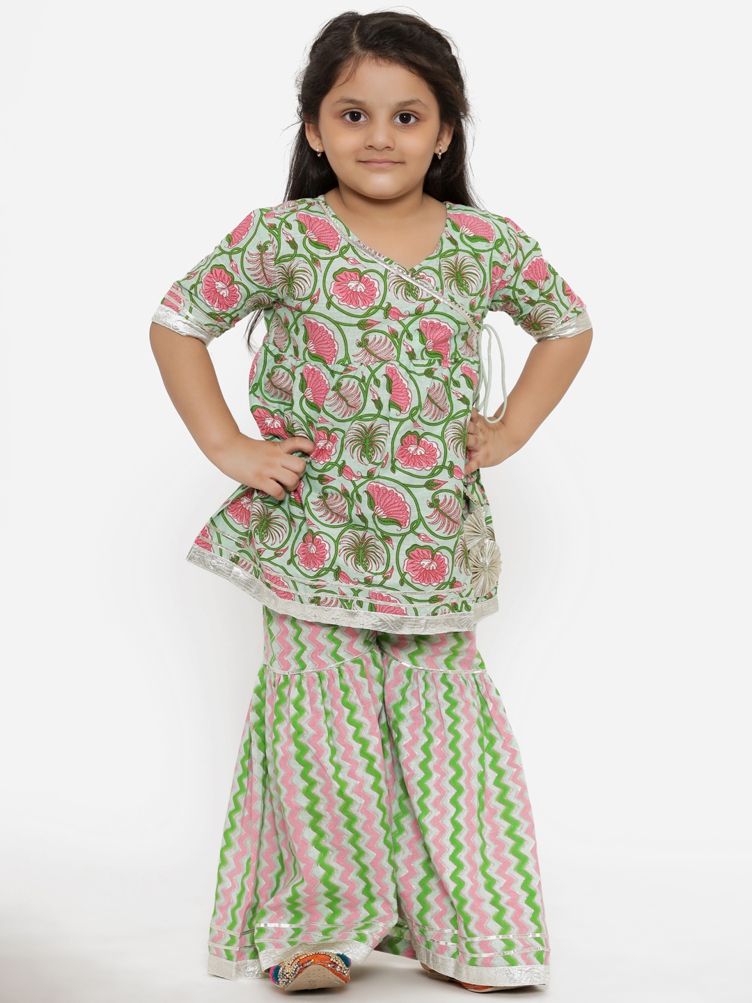 

Readiprint Girls Green Printed Angrakha Pure Cotton Kurta with Sharara