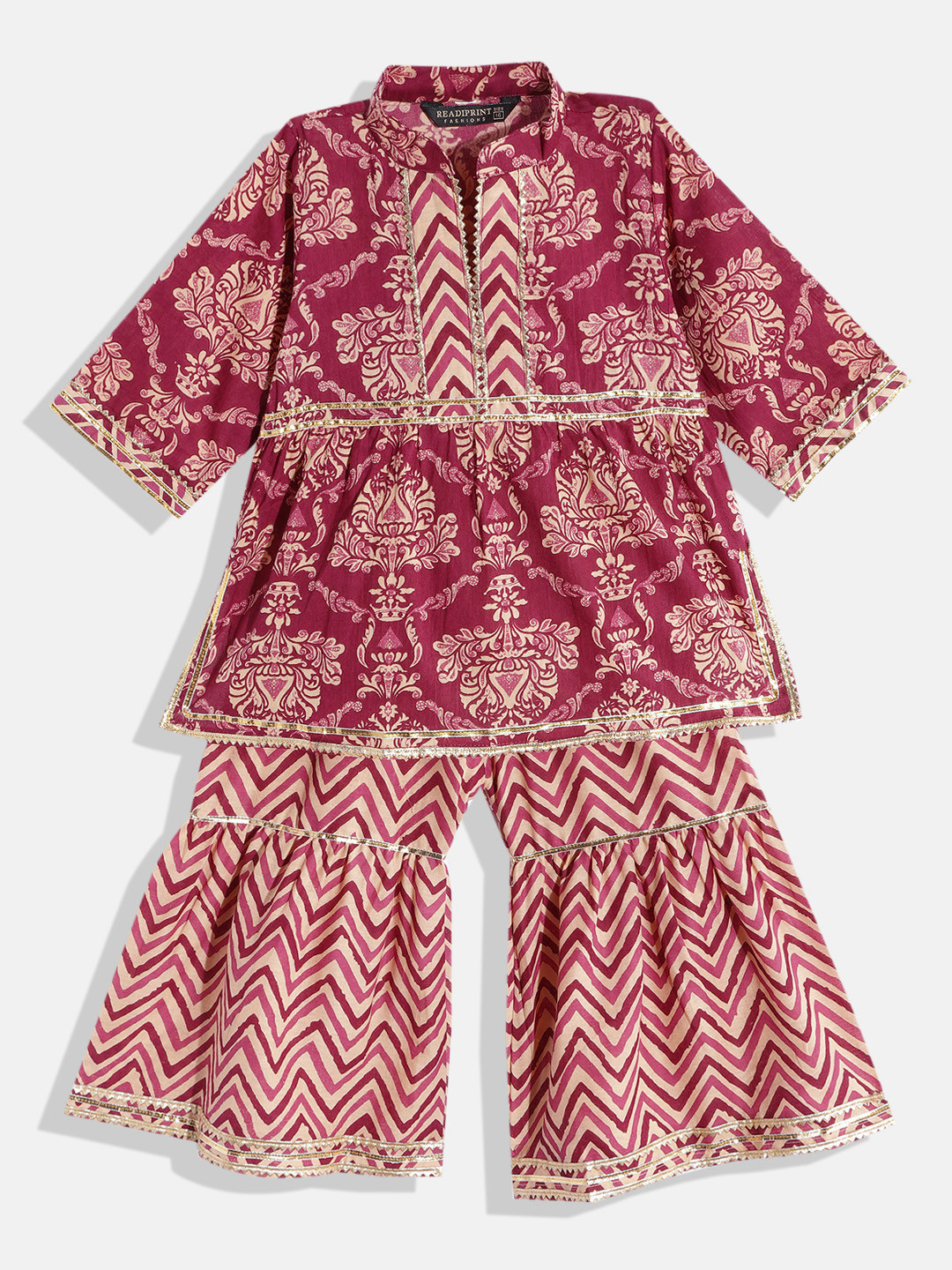 

Readiprint Fashions Girls Burgundy Ethnic Printed Pure Cotton Kurta with Sharara