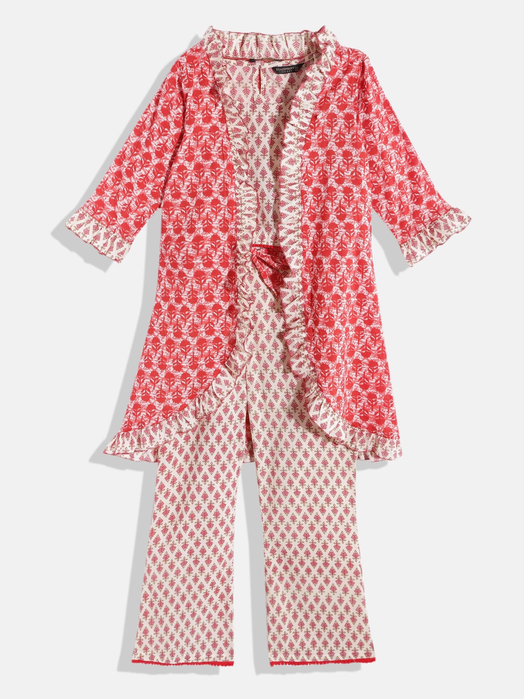 

Readiprint Fashions Girls Cream-Coloured Printed Pure Cotton Top with Trousers & Jacket