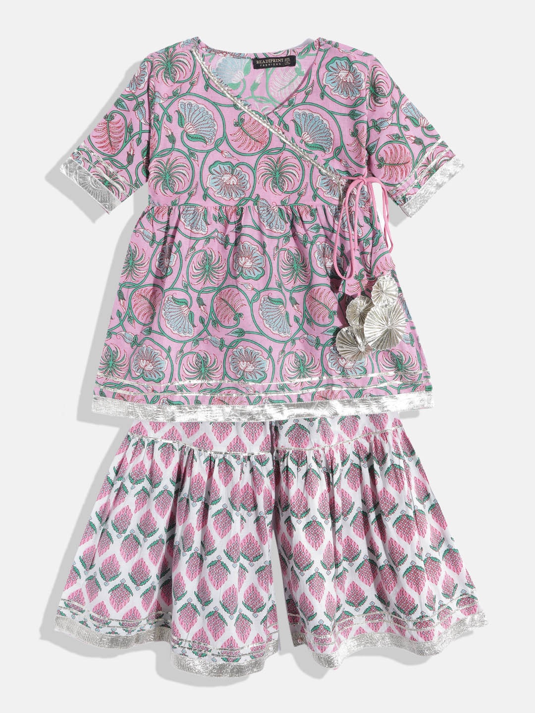 

Readiprint Girls Pink Printed Angrakha Gotta Patti Pure Cotton Kurta with Sharara