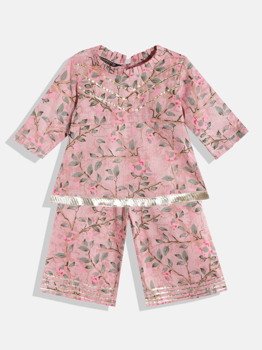 Readiprint Girls Peach-Coloured Floral Pure Cotton Kurta with Palazzos