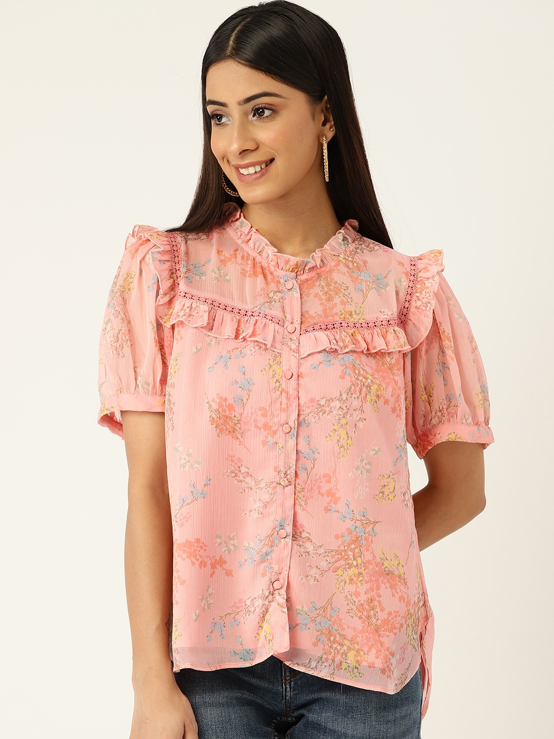 

Antheaa Women Peach-Coloured Floral Print Mandarin Collar Chiffon Top