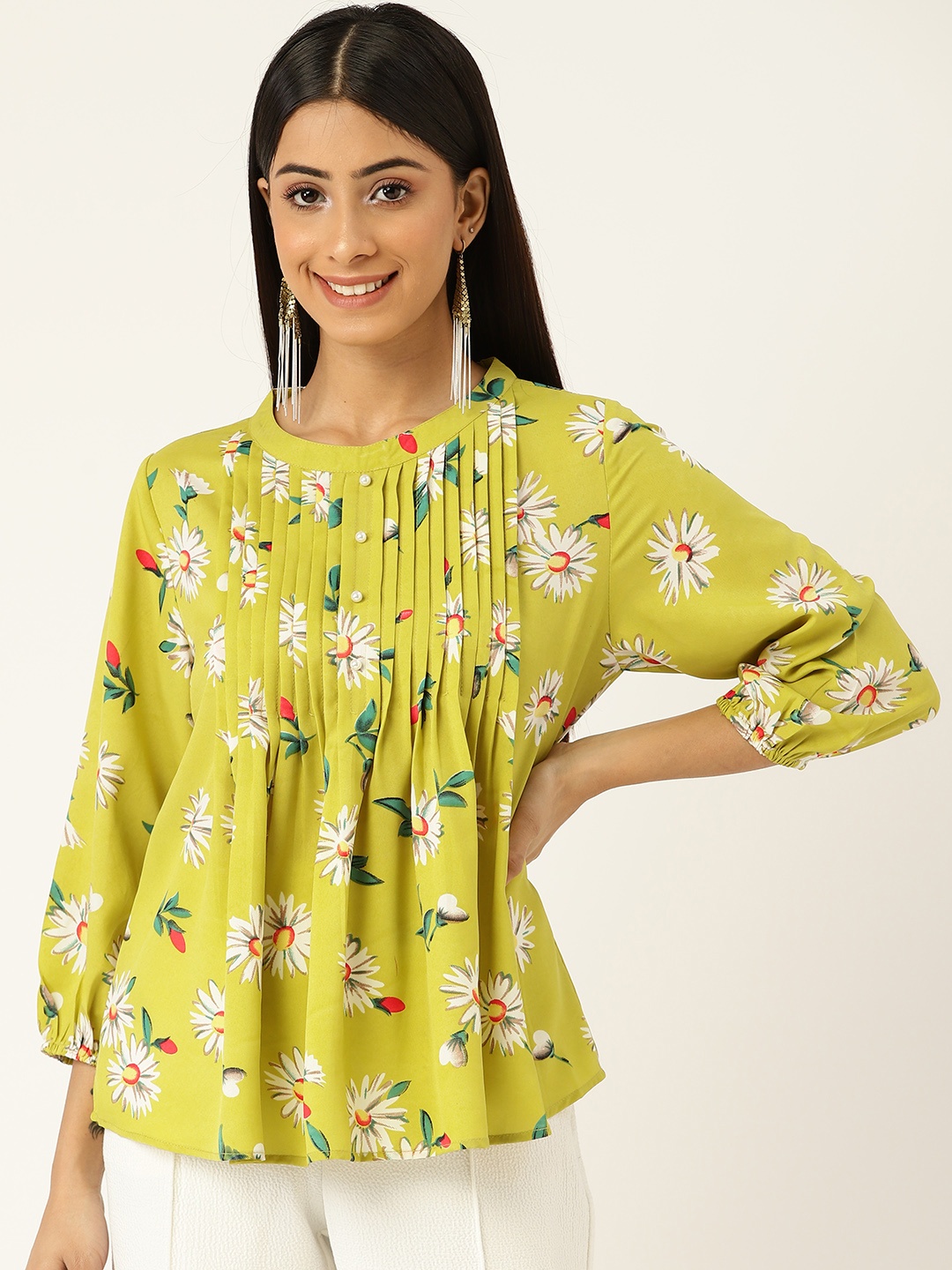 

Antheaa Women Lime Green & White Floral Print Peplum Top