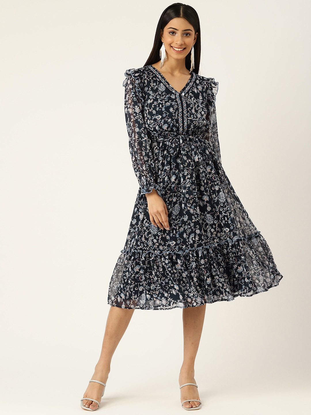 

Antheaa Women Black & Navy Blue Floral Printed Chiffon A-Line Midi Dress