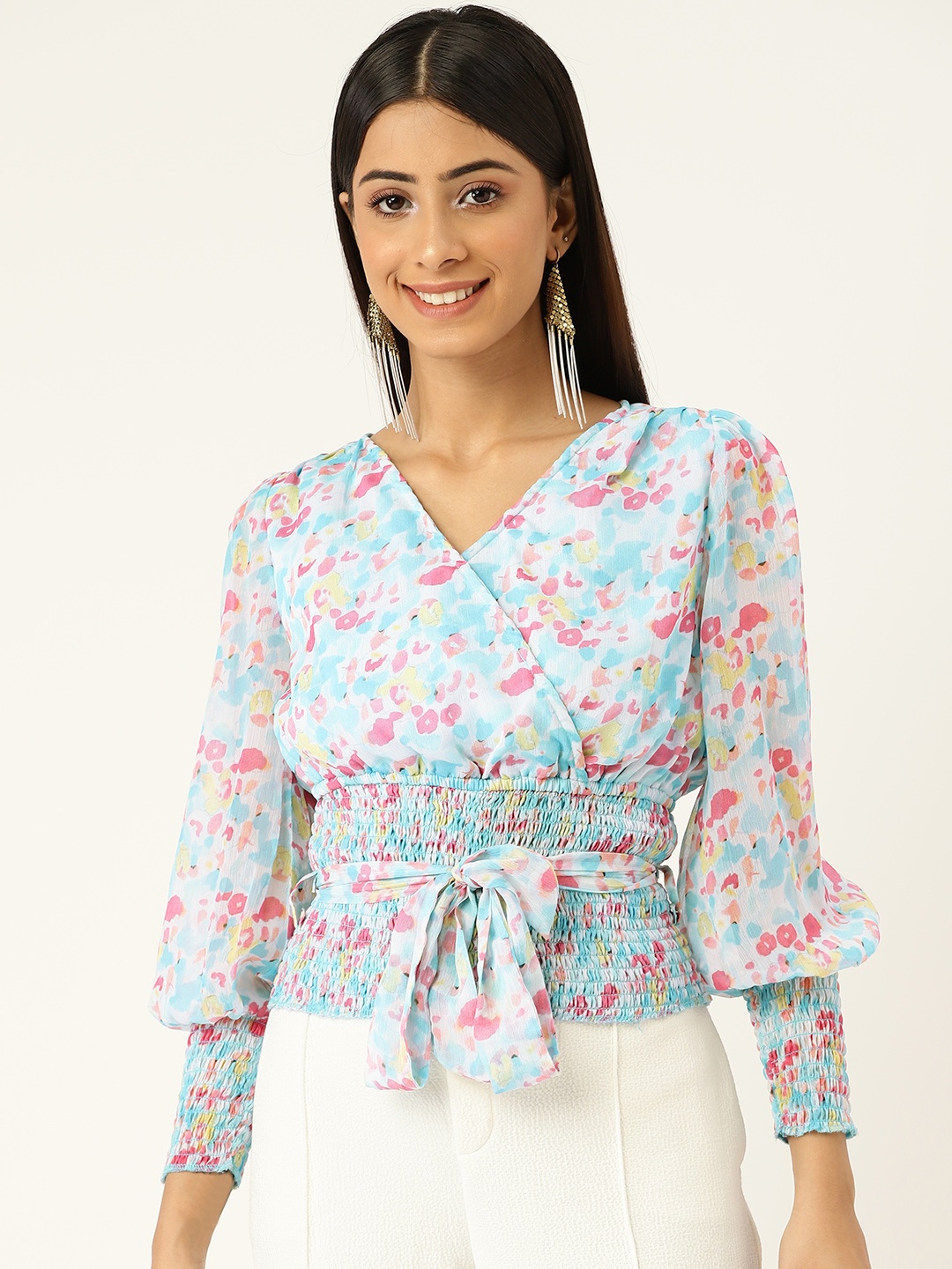 

Antheaa Women Blue & Pink Floral Print Smocked Chiffon Wrap Crop Top