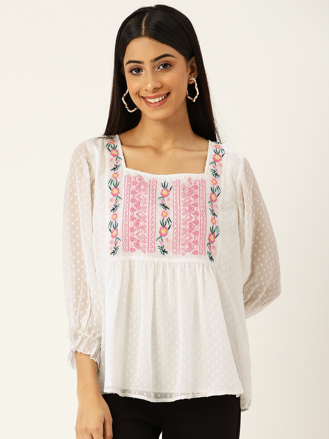 

Antheaa Women White & Pink Floral Embroidered Yoke Design Dobby Top