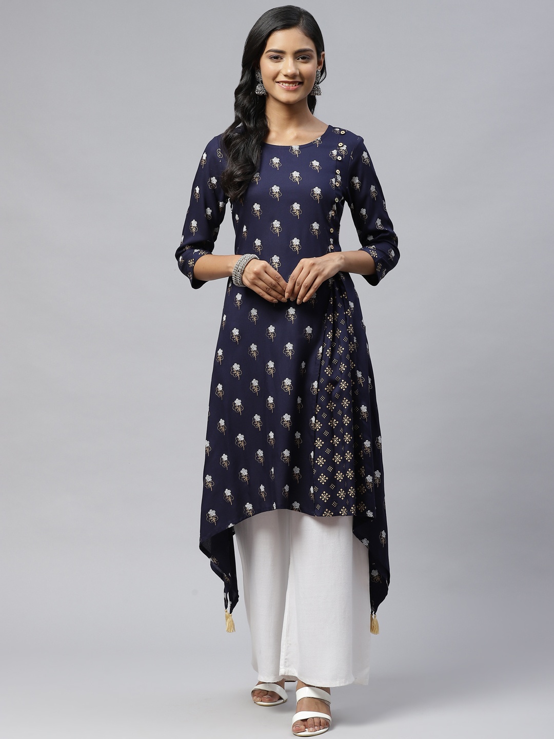 

clorals Women Navy Blue & White Ethnic Motifs Printed Asymmetric Liva Kurta