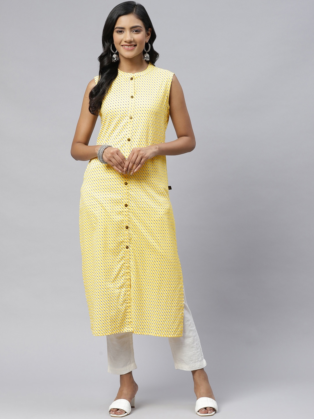 

clorals Women Yellow & Off White Printed Liva Kurta
