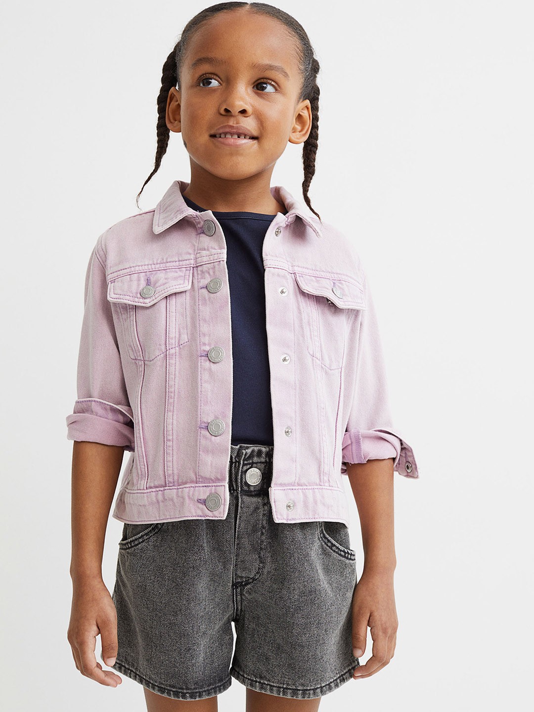 

H&M Girls Grey Solid Cotton Denim Paper Bag Shorts
