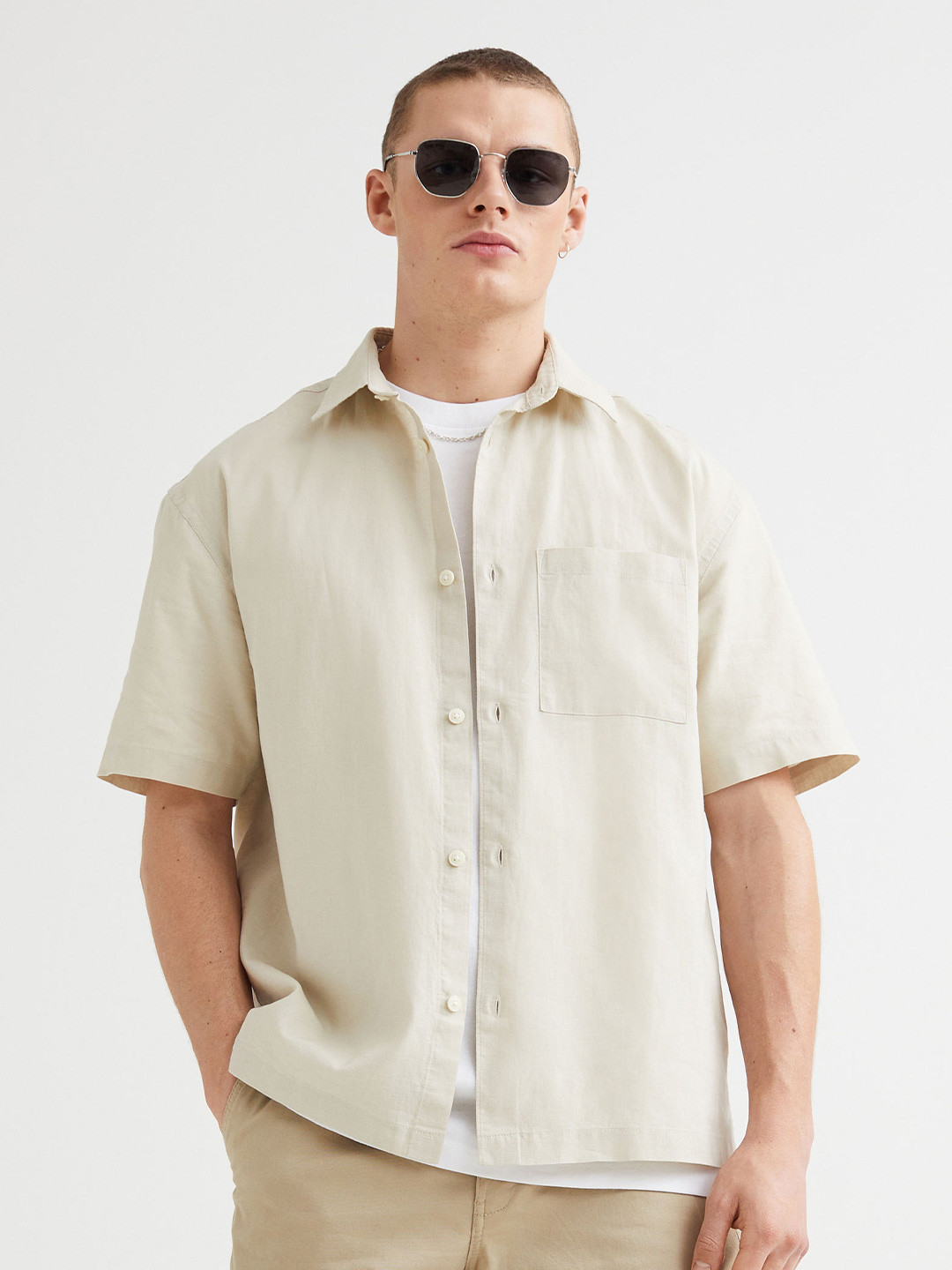 

H&M Relaxed Fit Short-Sleeved Linen-Blend Shirt, Beige