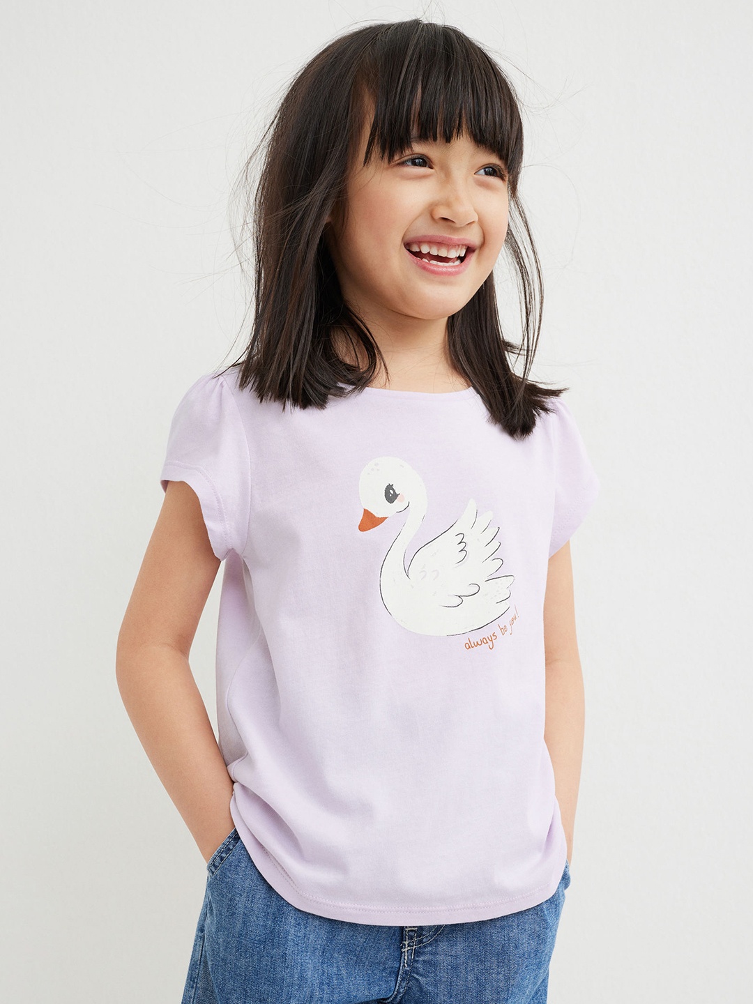 

H&M Girls Purple & Red Printed Round Neck Cotton Puff-Sleeved Jersey Top