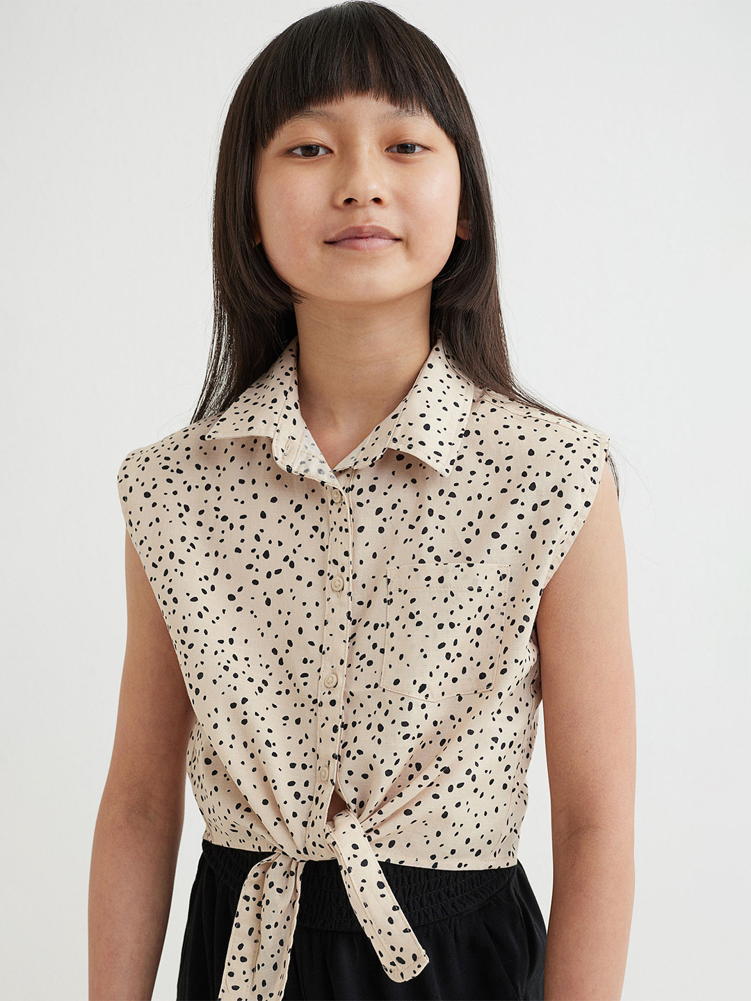 

H&M Girls Beige Tie-hem Cotton Blouse