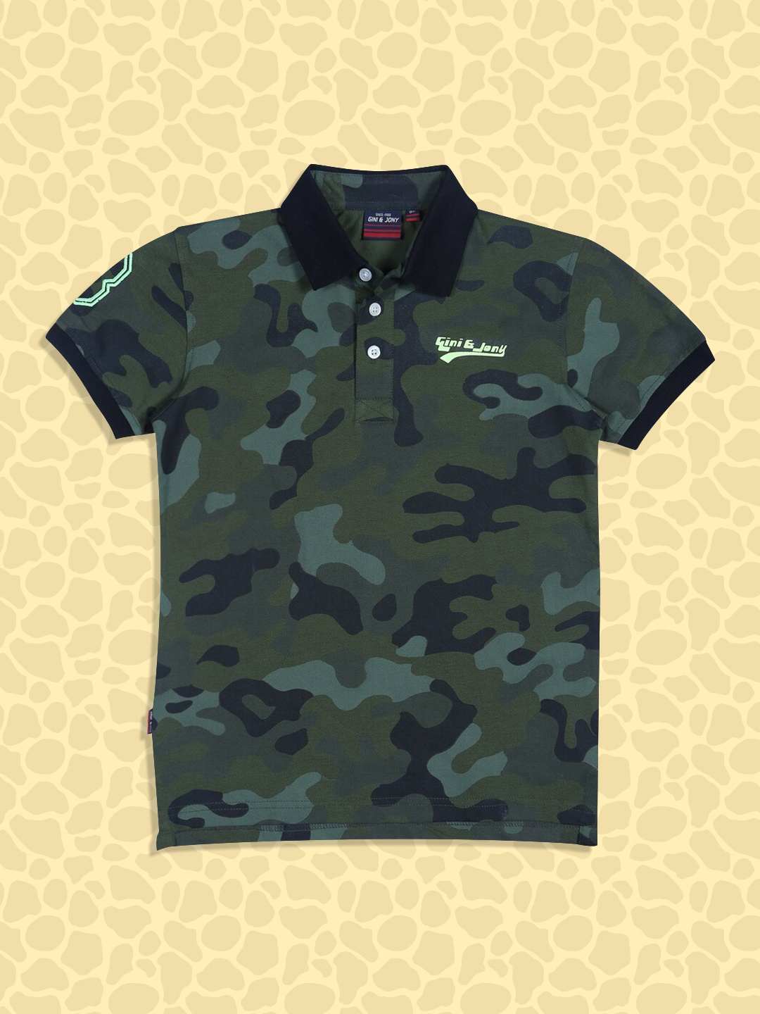 

Gini and Jony Boys Olive Green Camouflage Printed Polo Collar T-shirt