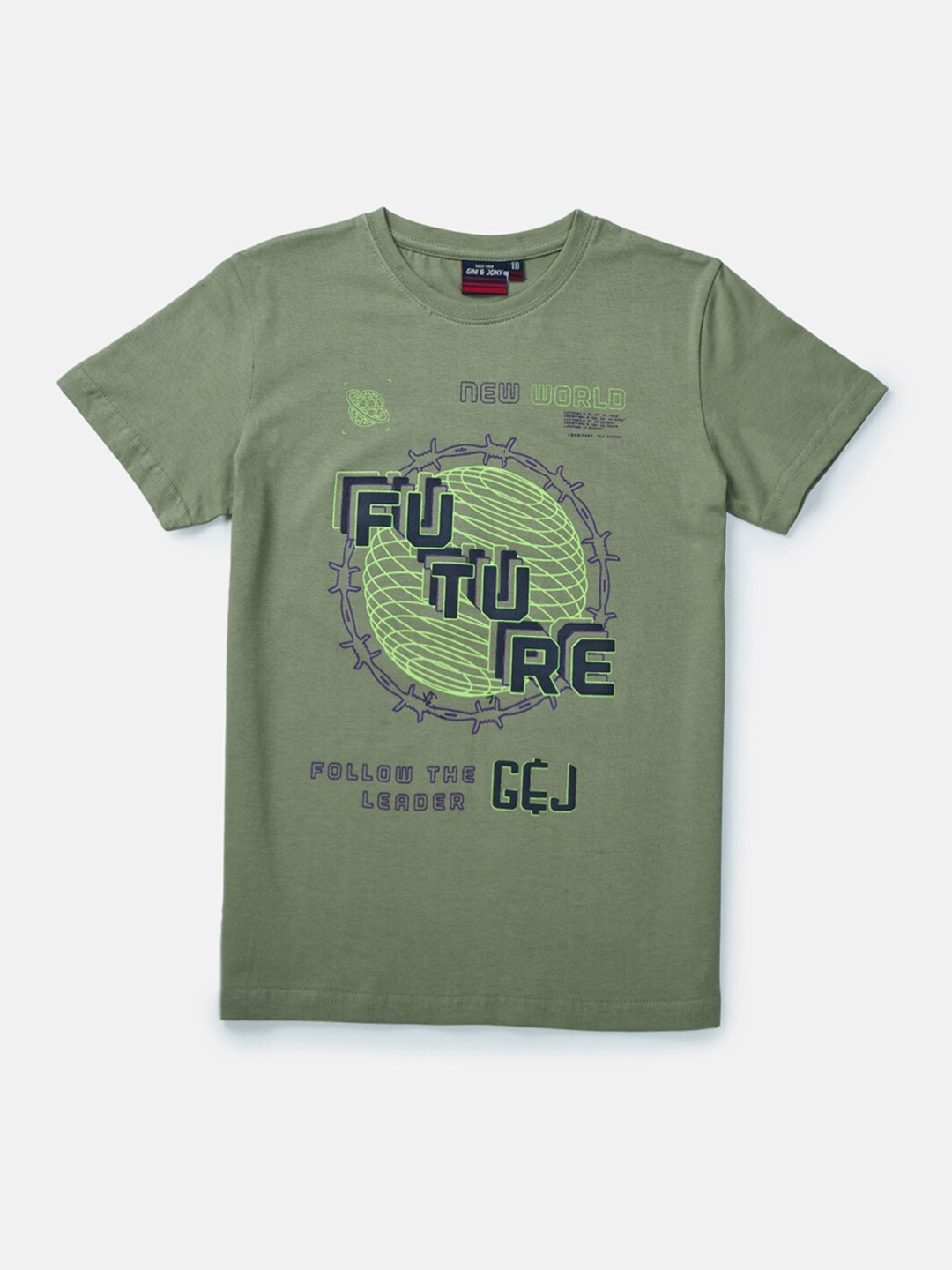 

Gini and Jony Boys Olive Green Printed T-shirt
