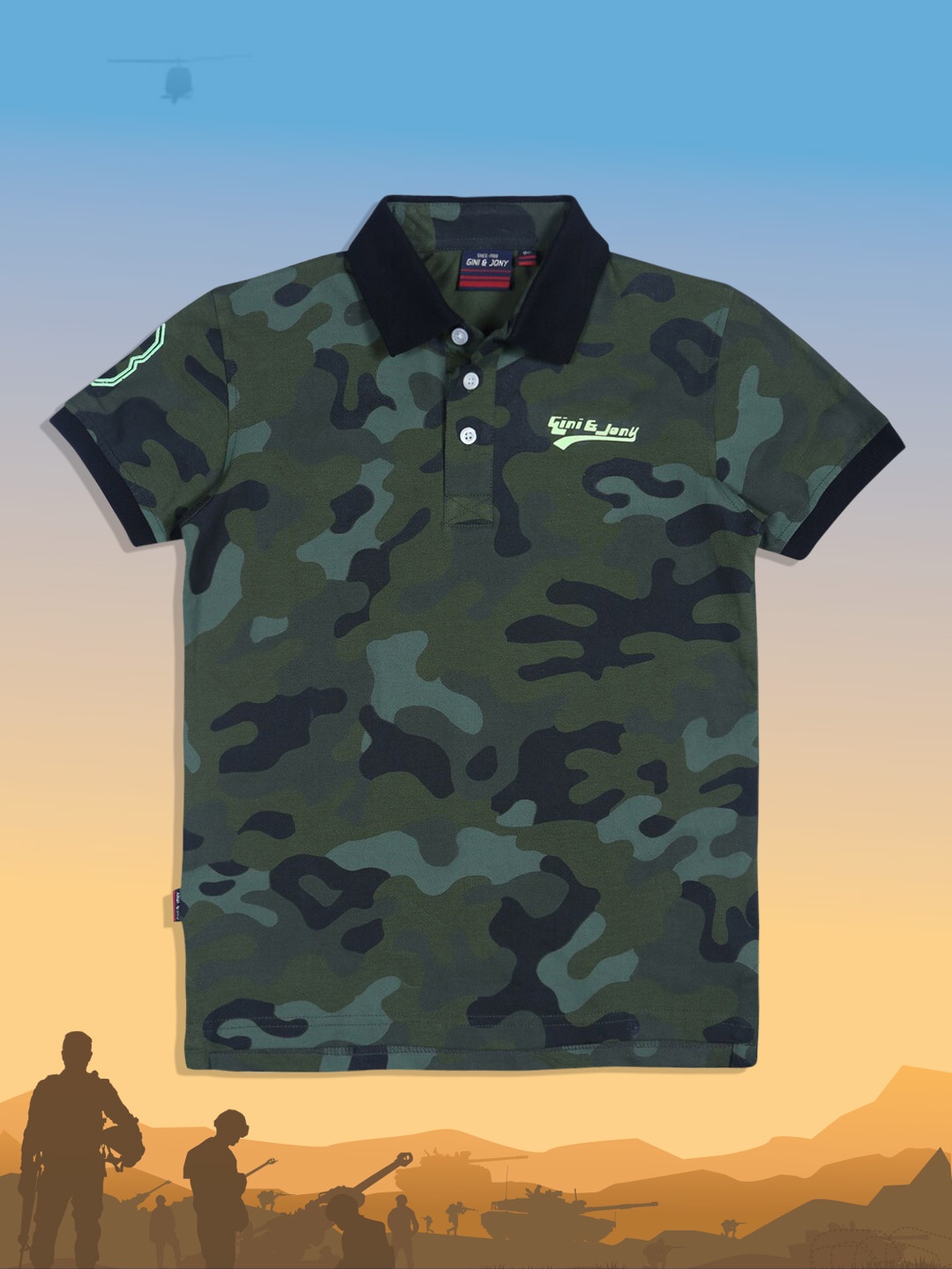 

Gini and Jony Boys Olive Green Camouflage Printed Polo Collar T-shirt