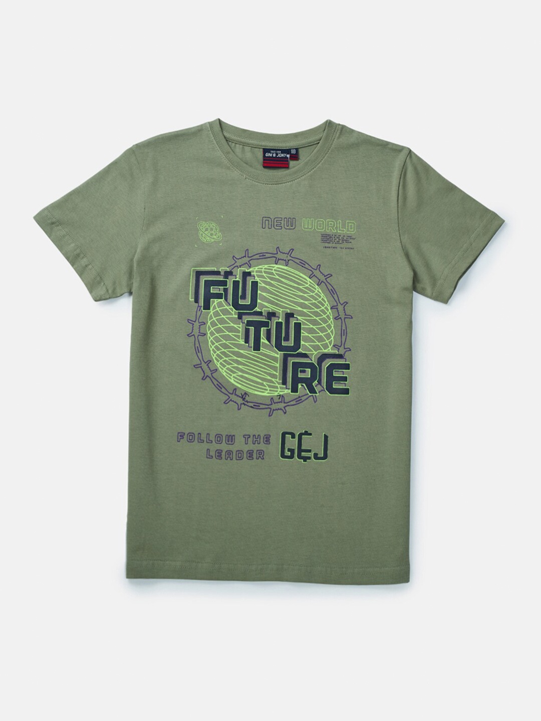 

Gini and Jony Boys Olive Green Printed T-shirt