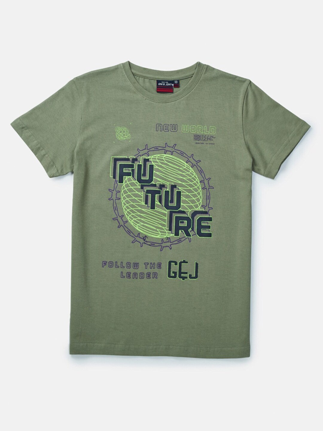 

Gini and Jony Boys Olive Green Printed T-shirt