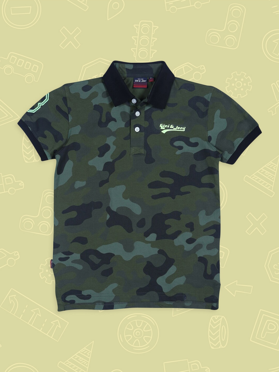 

Gini and Jony Boys Olive Green Camouflage Printed Polo Collar T-shirt