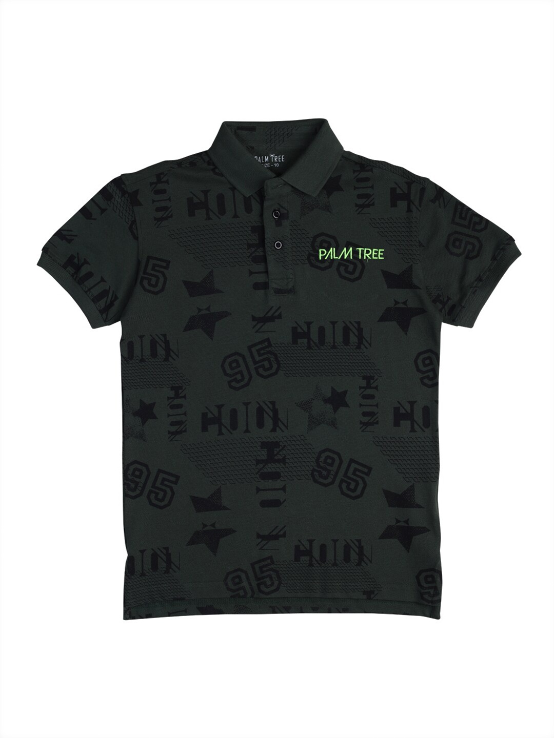 

Palm Tree Boys Olive Green Printed Polo Collar T-shirt