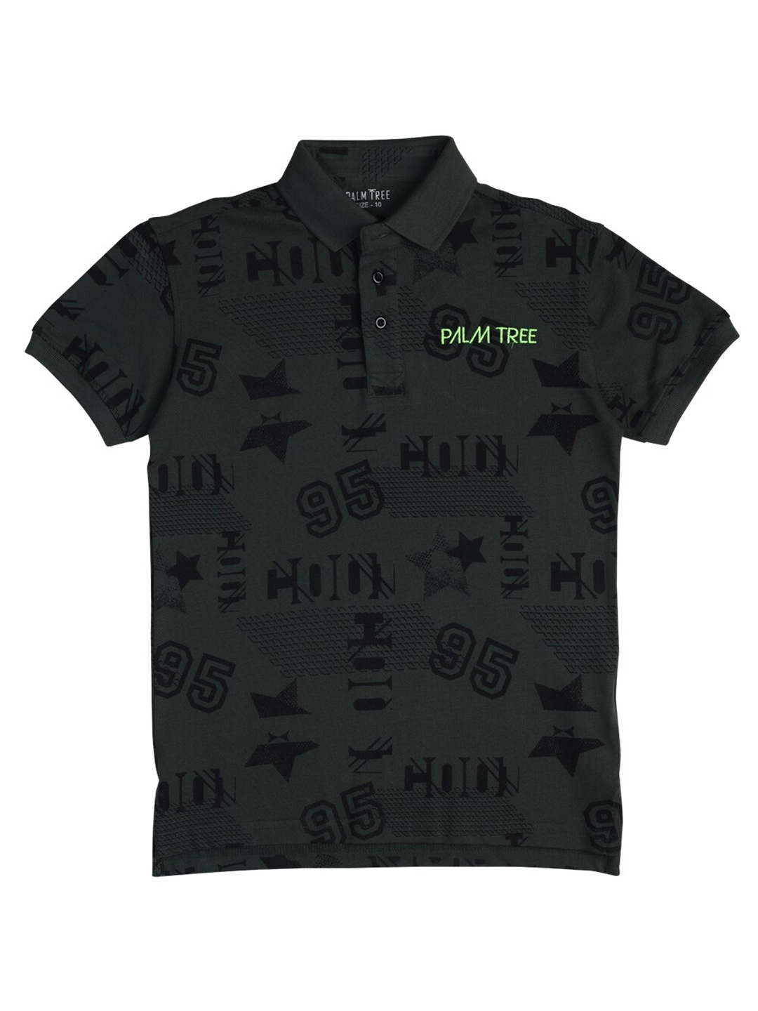 

Palm Tree Boys Olive Green Printed Polo Collar T-shirt