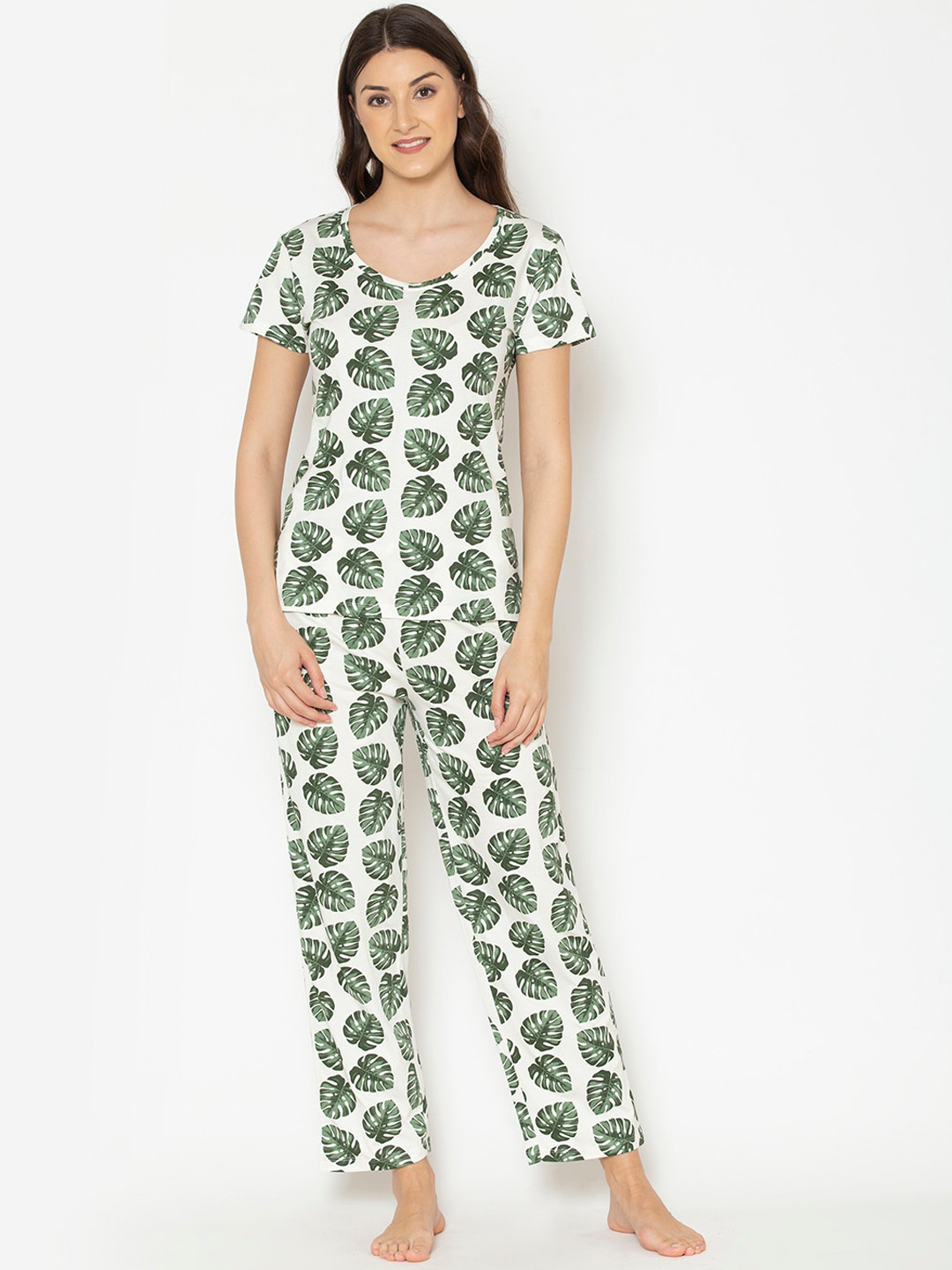 

Lounge Dreams Women Off White & Green Printed Pure Cotton Night suit