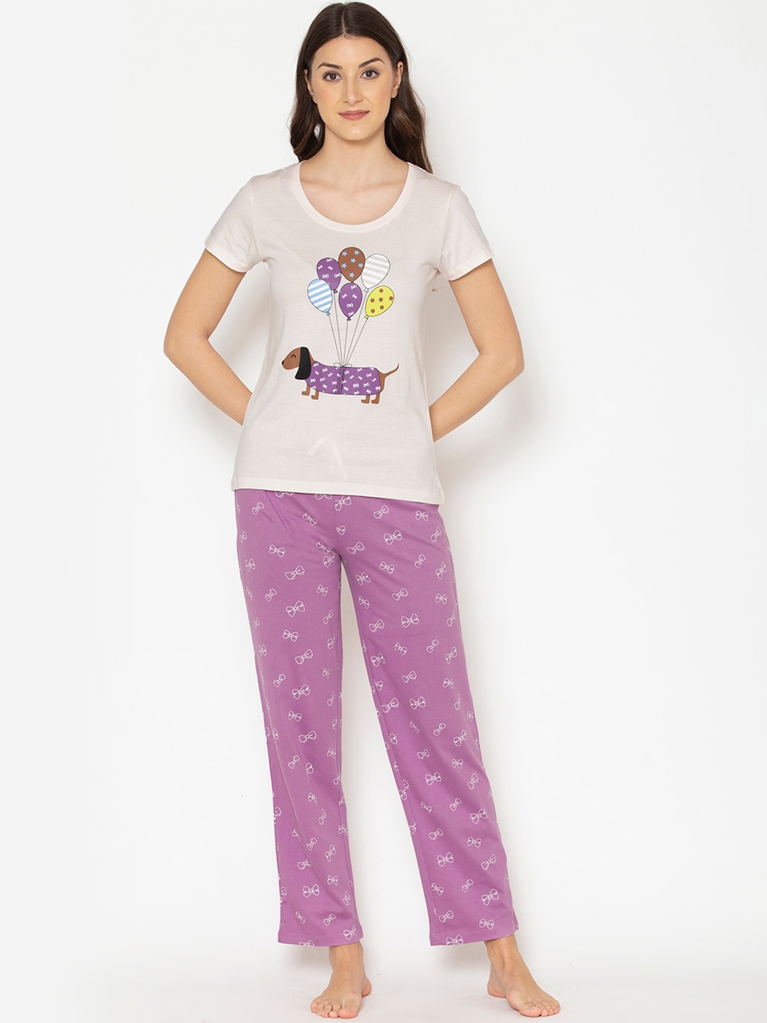 

Lounge Dreams Women Purple & Yellow Printed Pure Cotton Night Suit