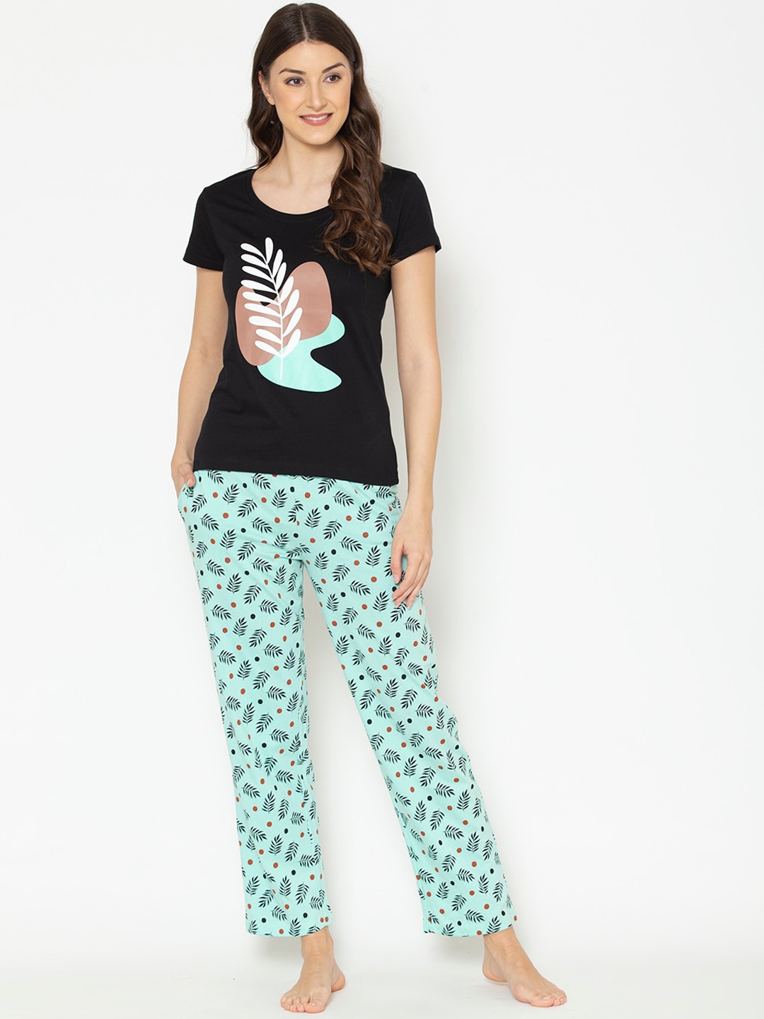 

Lounge Dreams Women Black & Turquoise Blue Printed Pure Cotton Night suit
