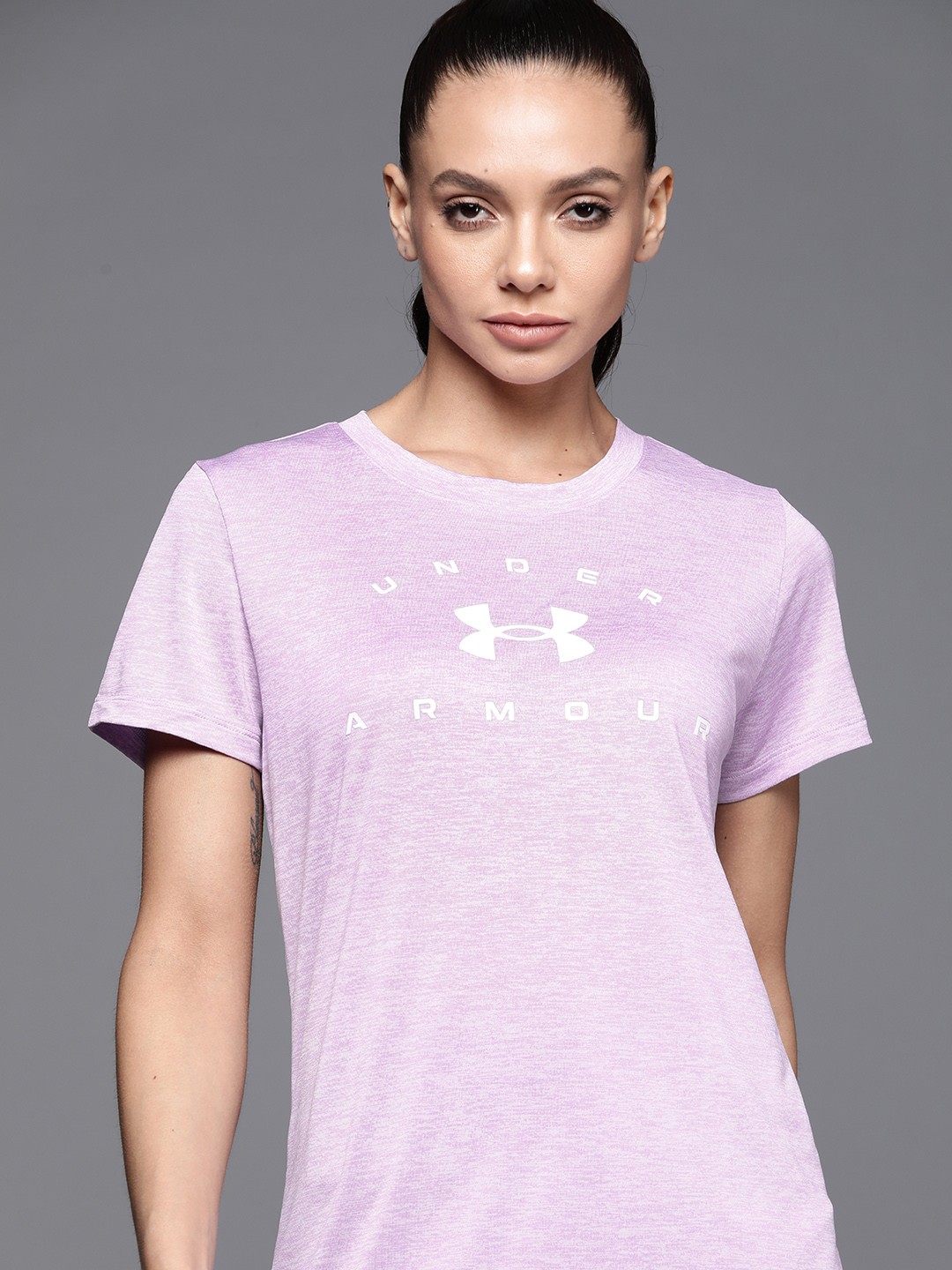 

UNDER ARMOUR Women Lavender & White Tech Twist Arch Brand Logo Printed Loose T-shirt