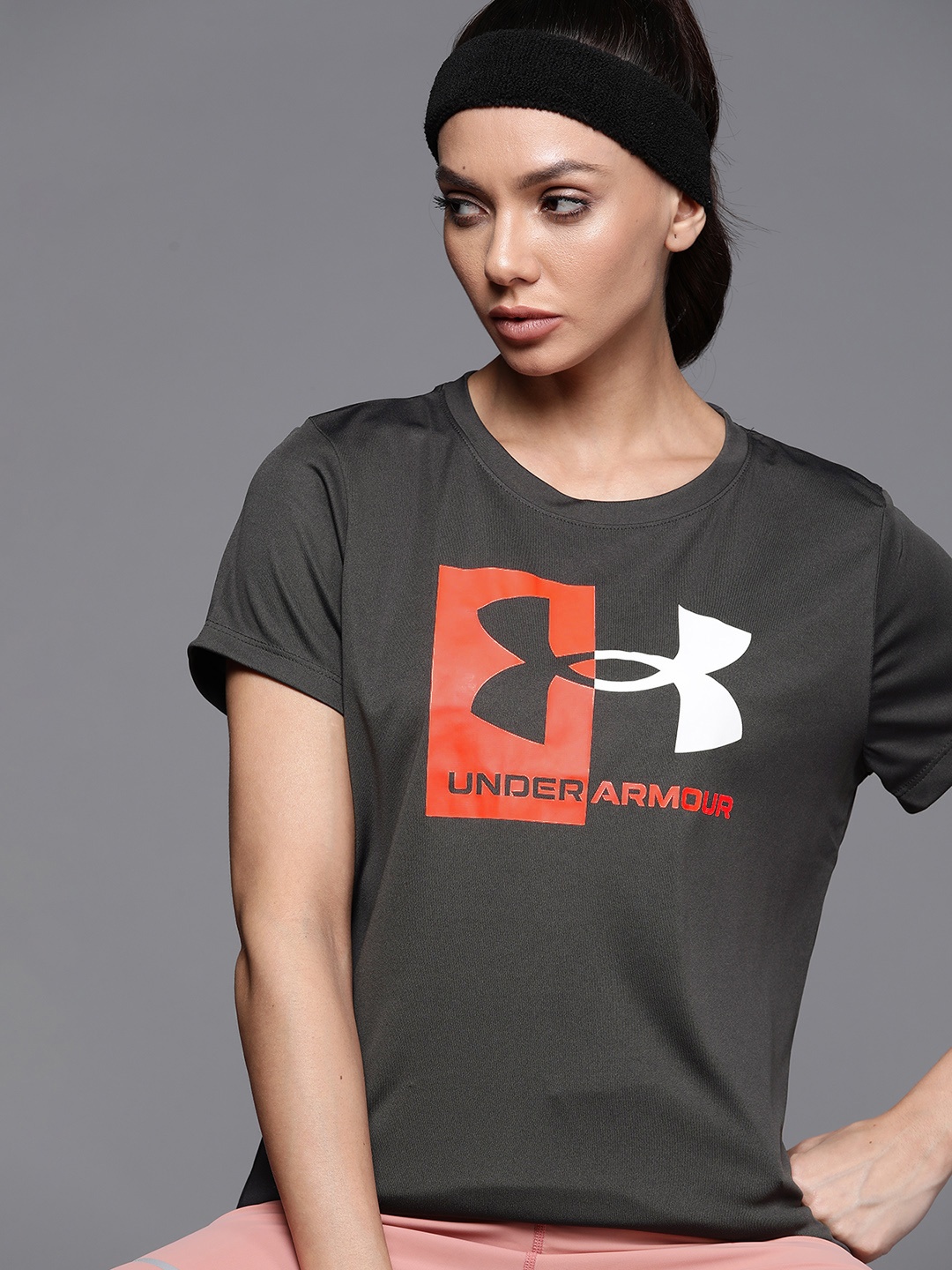 

UNDER ARMOUR Women Charcoal Grey & Orange Velocity Logo Printed Loose T-shirt