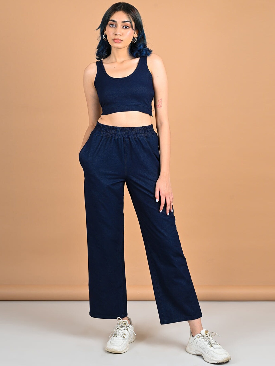 

FREAKINS Women Navy Blue Solid Crop Top with Joggers