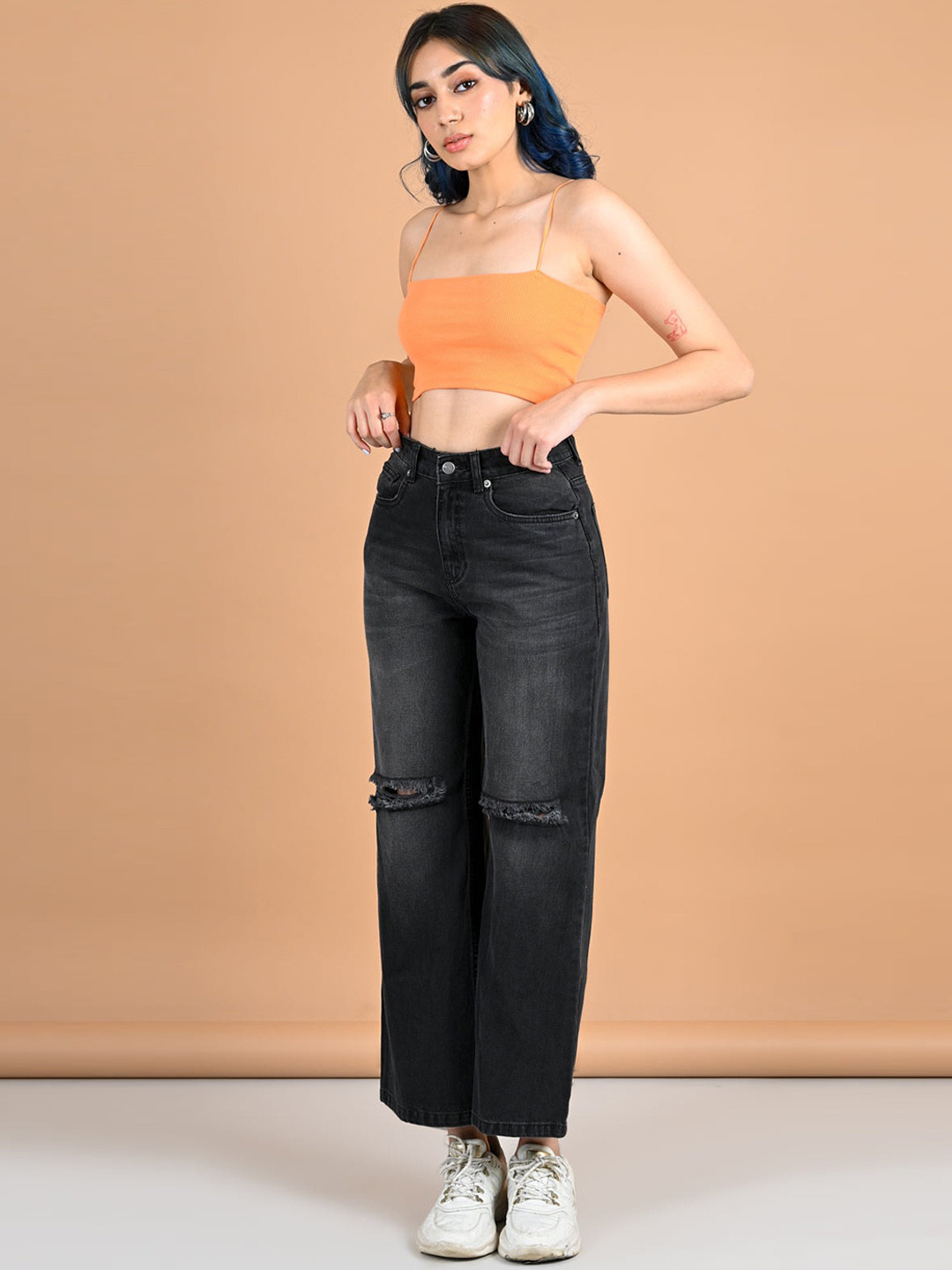 

FREAKINS Women Charcoal Wide Leg High-Rise Mildly Distressed Light Fade Jeans