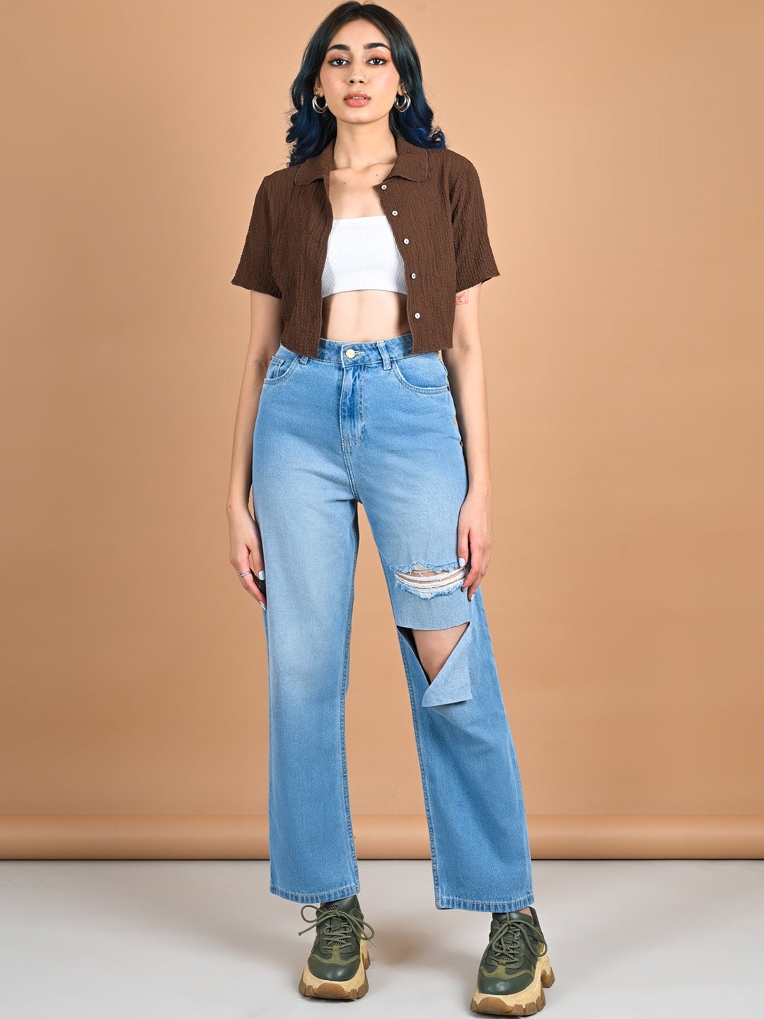 

FREAKINS Women Blue Straight Fit High-Rise Mildly Distressed Light Fade Jeans