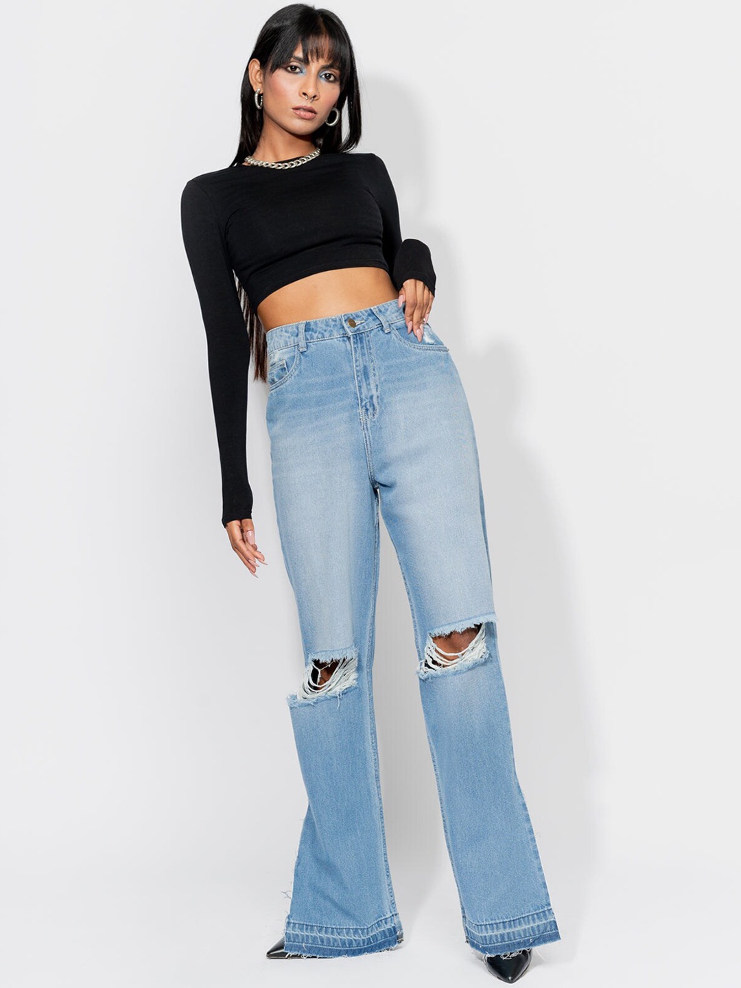 

FREAKINS Women Blue Straight Fit High-Rise Slash Knee Jeans