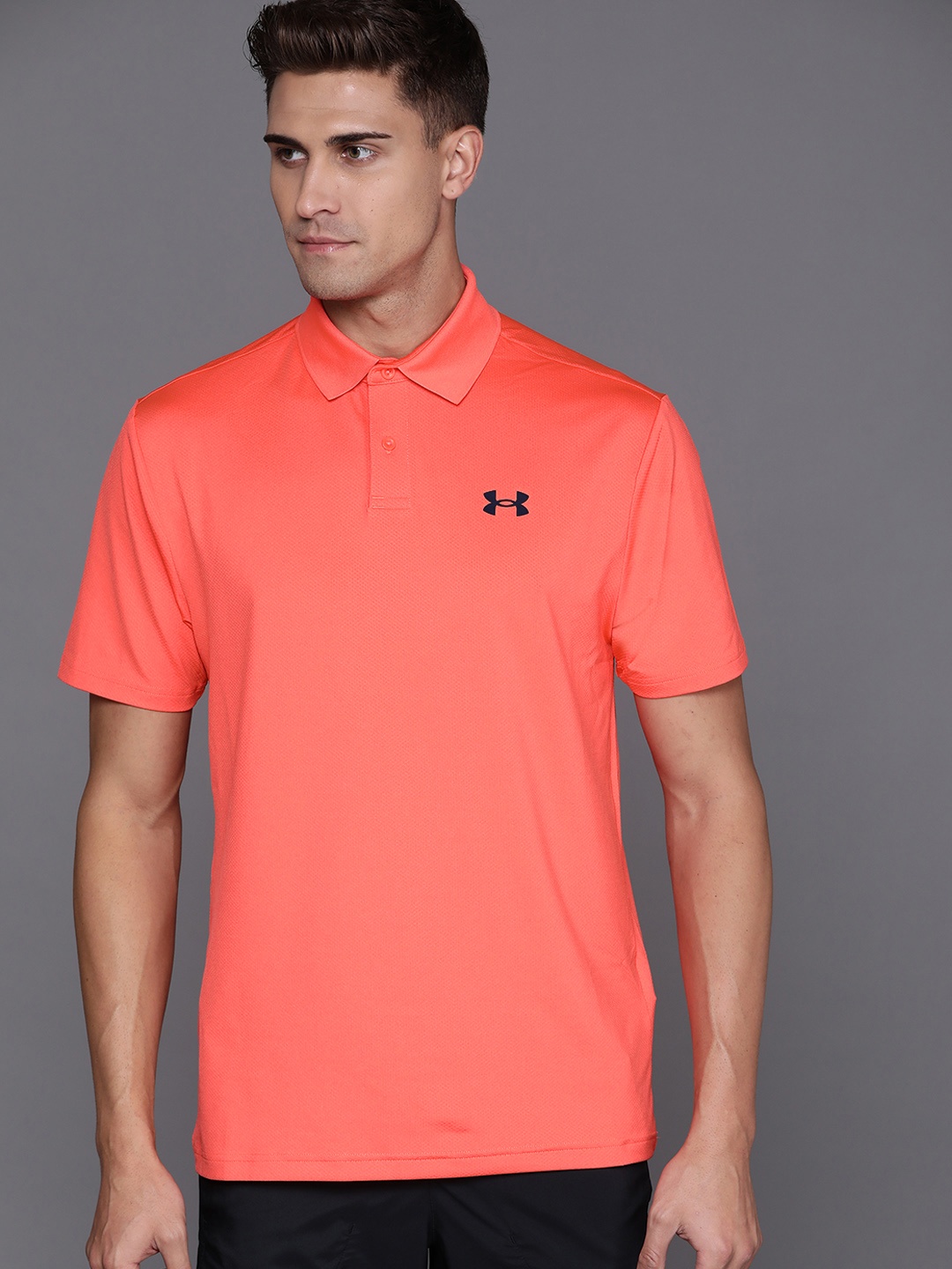 

UNDER ARMOUR Men Coral Pink Textured UA Performance Polo Collar Oversized T-shirt