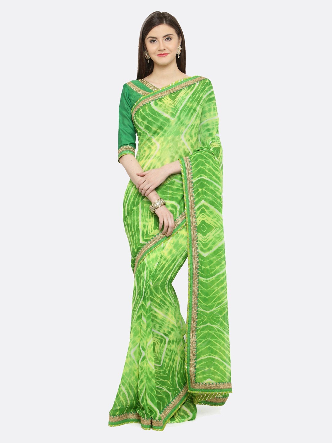 

Shaily Green & White Tie and Dye Embroidered Pure Georgette Saree