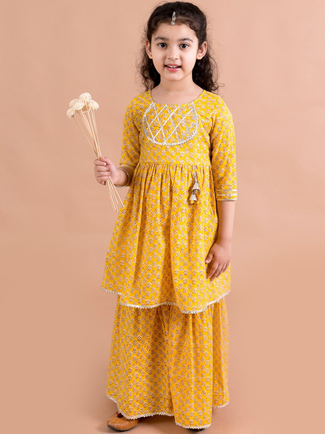 

pspeaches Girls Mustard Yellow Floral Printed Pure Cotton Kurta with Sharara