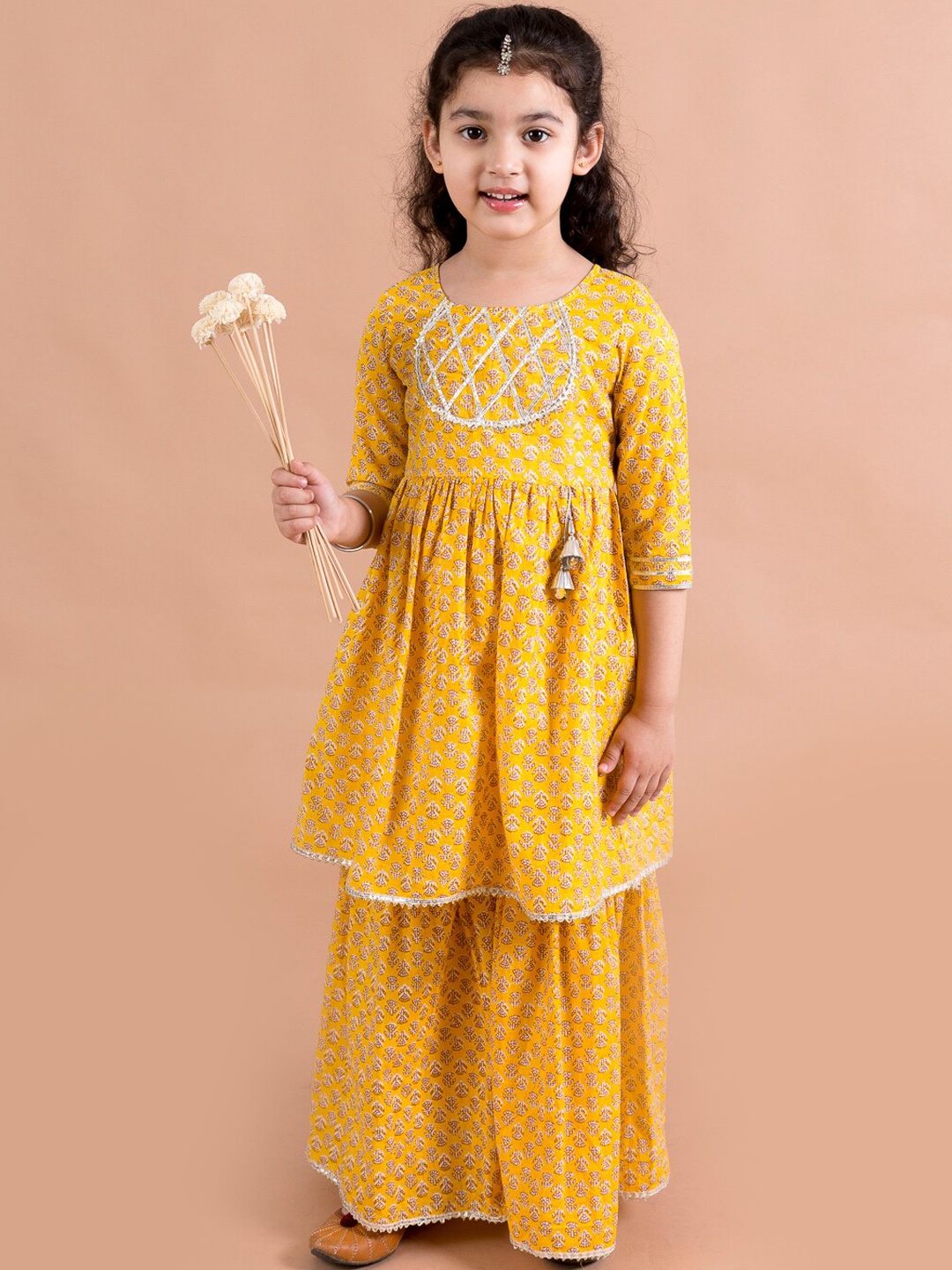 

pspeaches Girls Mustard Yellow Floral Printed Empire Pure Cotton Kurta with Sharara