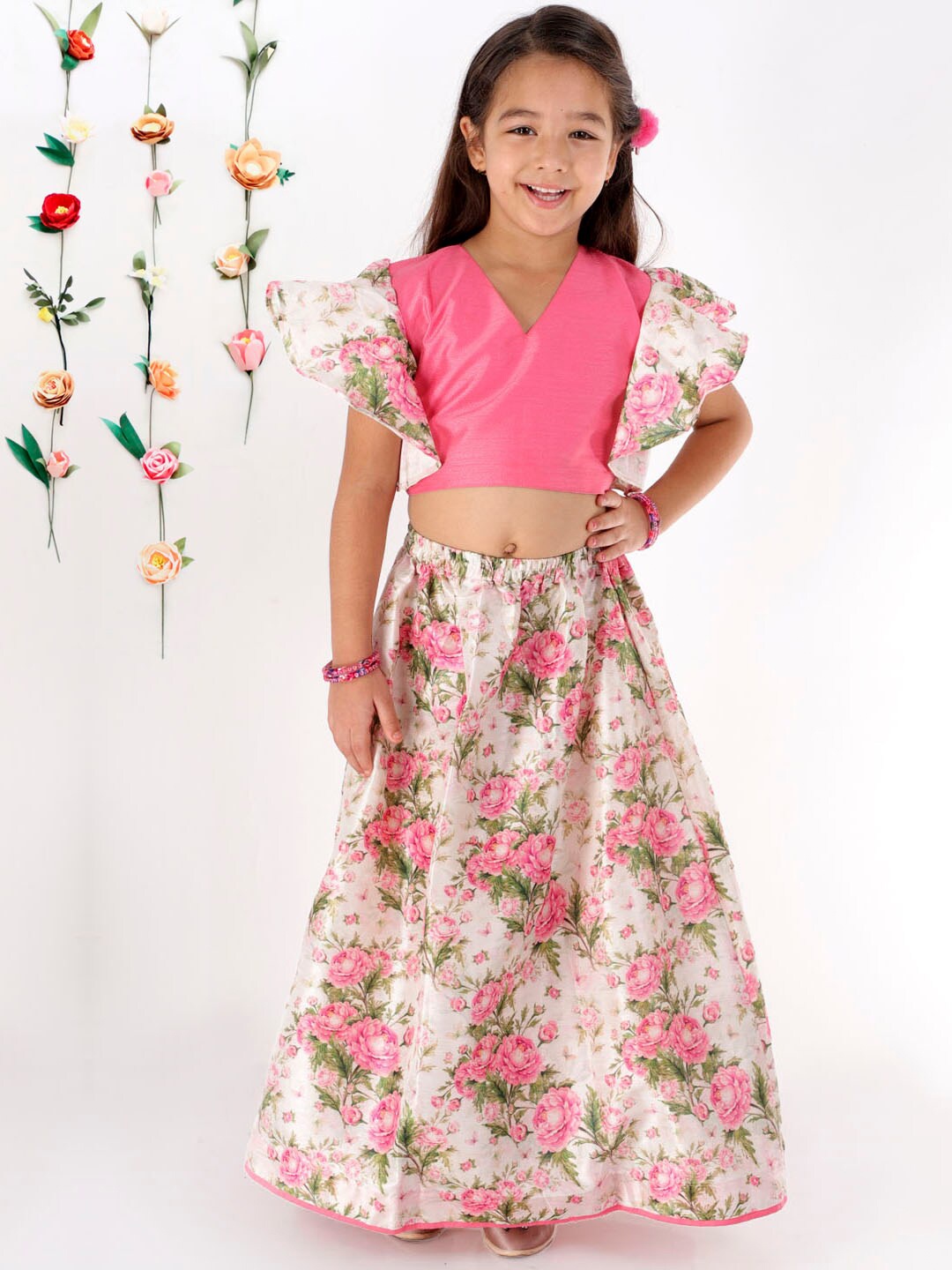 

VASTRAMAY Girls Pink & White Ready to Wear Lehenga & Choli