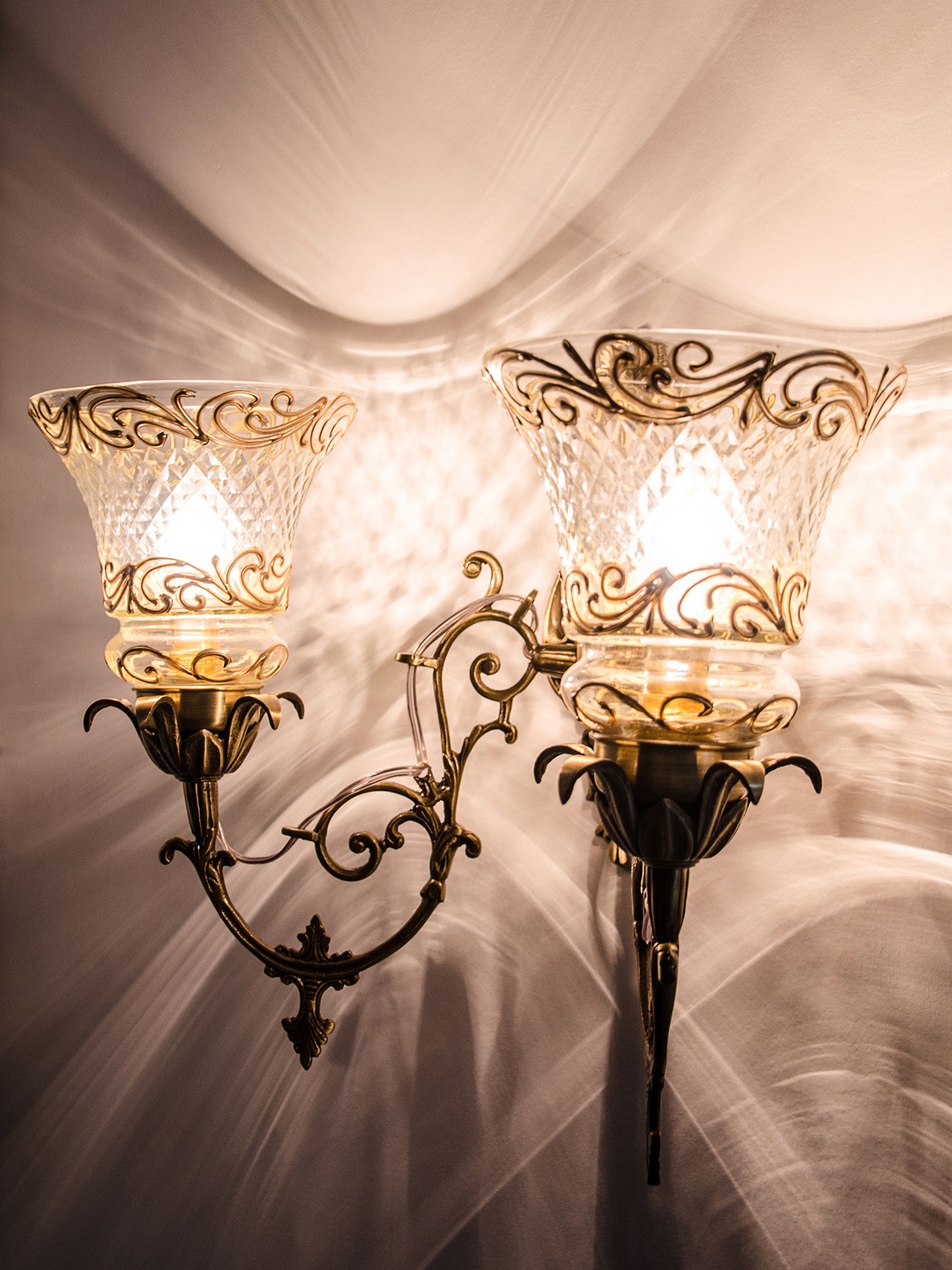 

Fos Lighting Gold-Toned & White Ornate Brass & Cut Glass Double Wallchiere