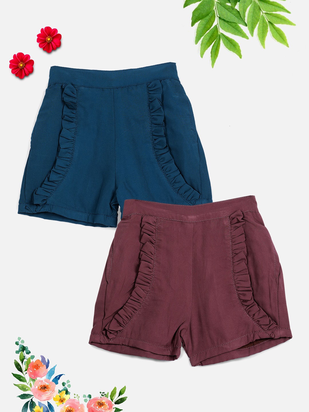 

Cutiekins Girls Teal Blue & Burgendy Pack Of 2 Solid Shorts