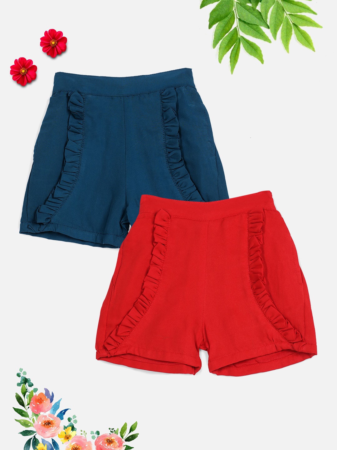 

Cutiekins Girls Teal Blue & Red Pack Of 2 Solid Shorts