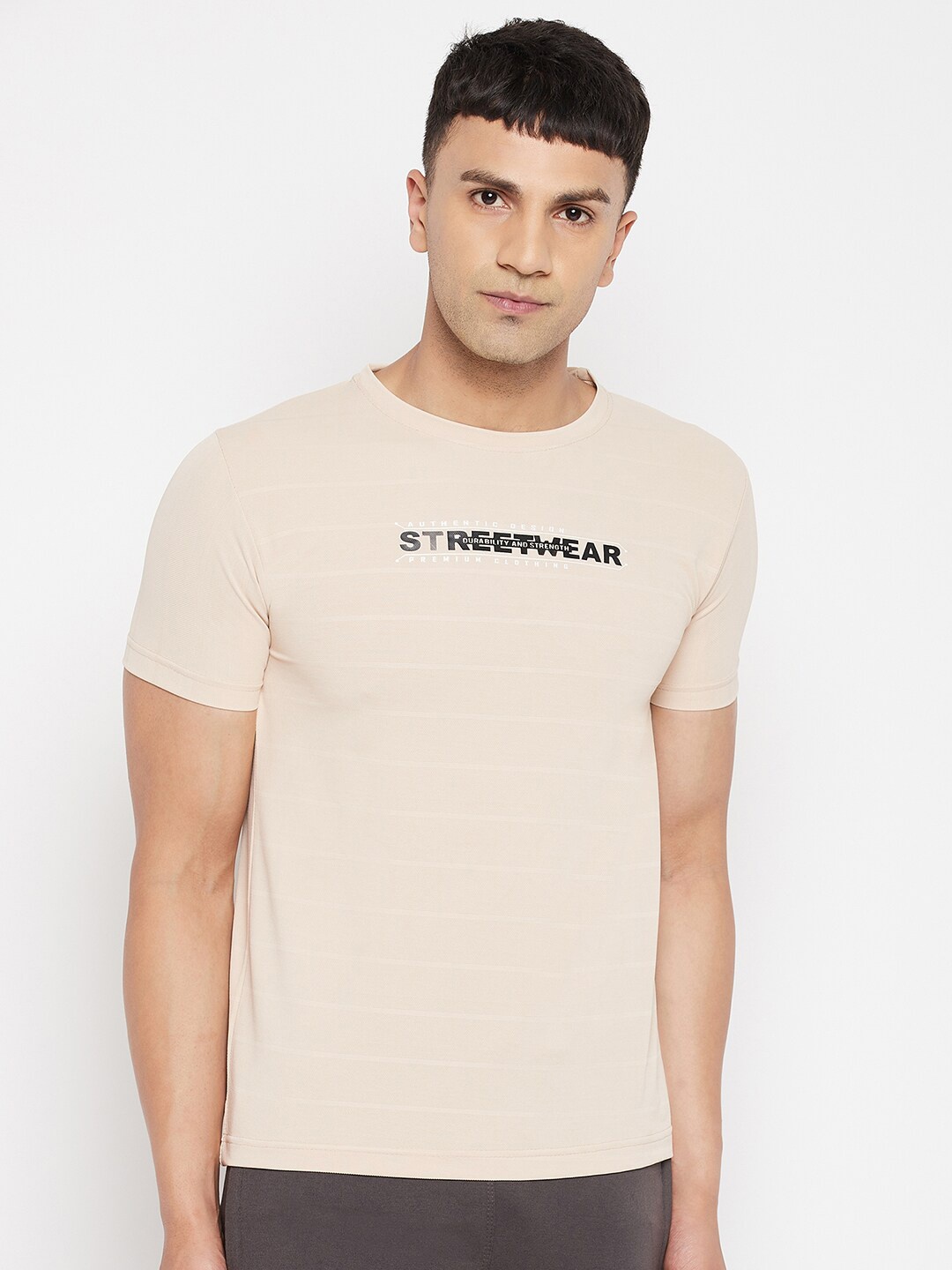 

FirstKrush Men Beige Typography Printed Training or Gym T-shirt