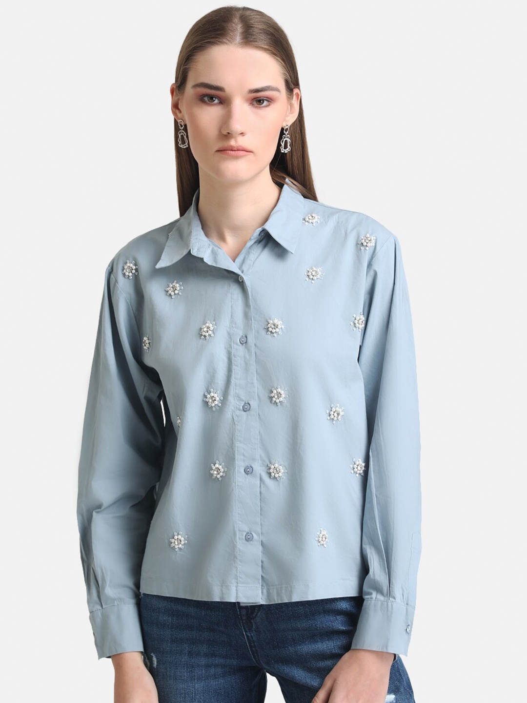 

Kazo Women Blue Boxy Printed Casual Shirt