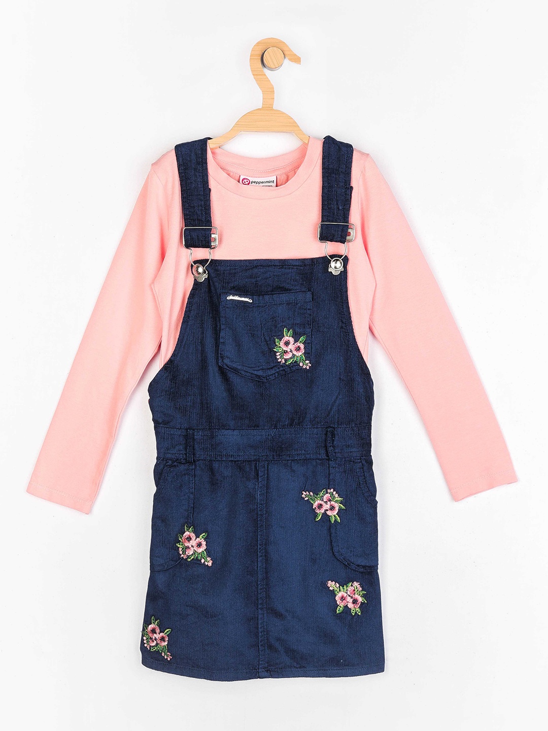 

Peppermint Girls Navy Blue Solid Pure Cotton Dungaree with T-Shirt