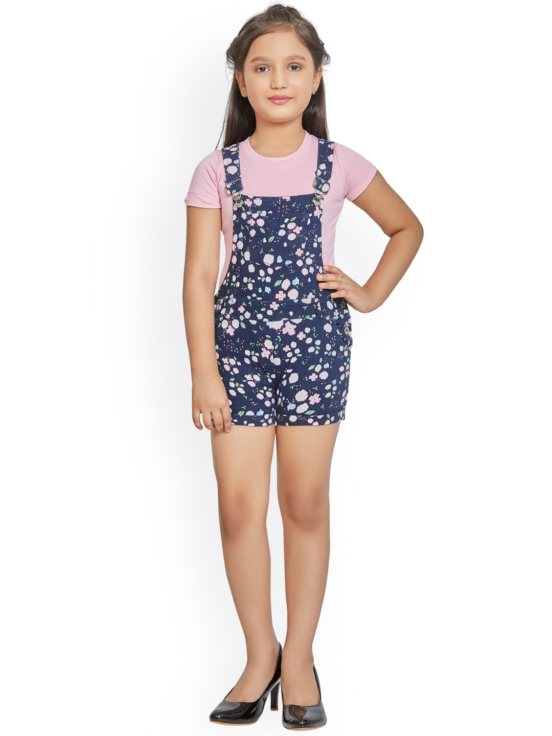 

Peppermint Girls Navy Blue & Pink Floral Printed Dungaree With T-Shirt