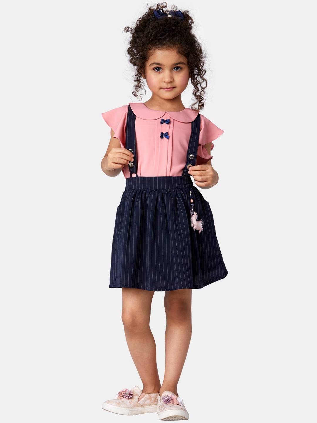 

Peppermint Girls Navy Blue & White Striped Dungaress