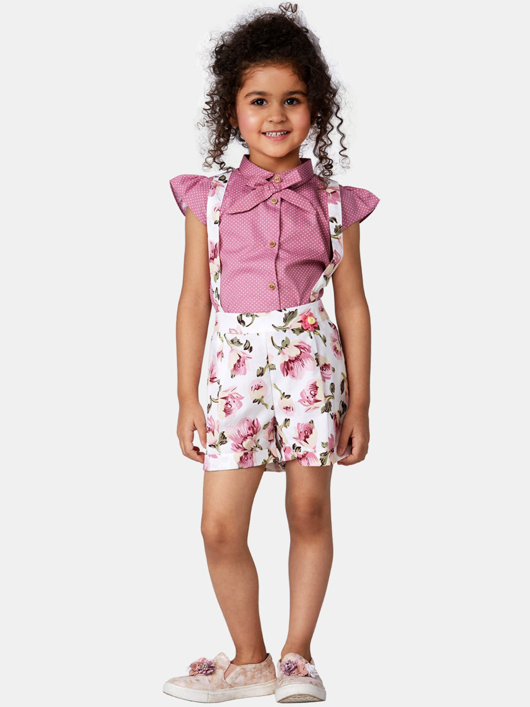 

Peppermint Girls Mauve & White Floral Printed Pure Cotton Dungaree with Top